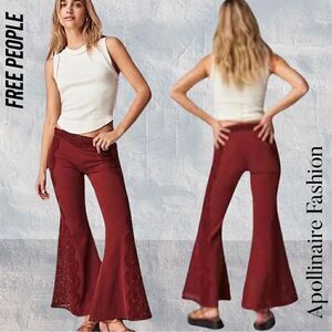 FREE PEOPLE NEPTUNE’S NET CROCHET FLARE PANTS IN WASHED WINE NWT